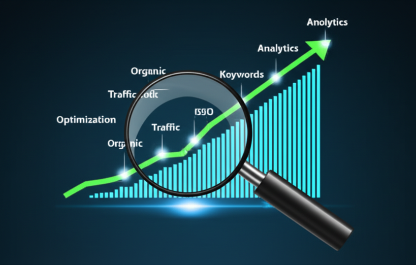 Graphique de référencement avec loupe et mots-clés